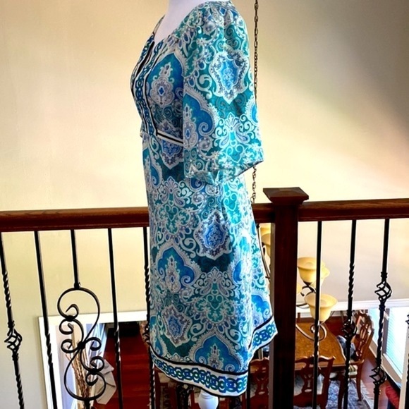 Phoebe Couture Blue & Green Silk Boho Short Sleeves Mini Dress size 8 - Picture 3 of 14